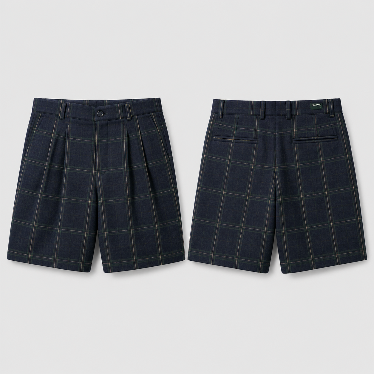 Midnight checked shorts shown from front and back