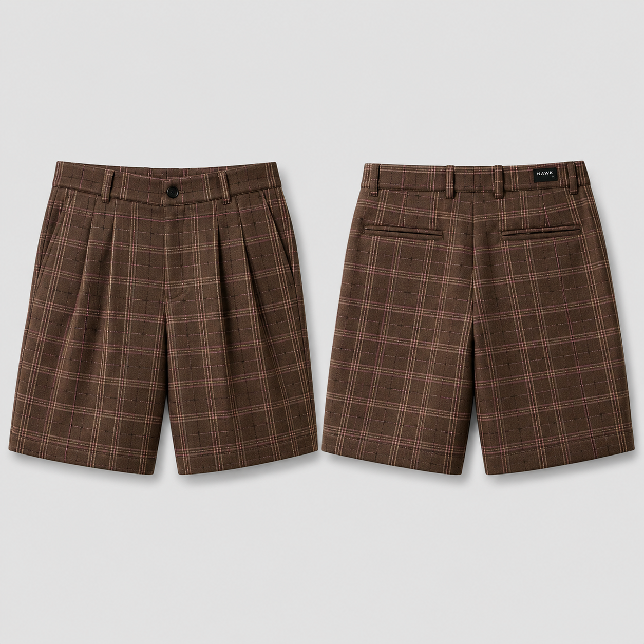 Brown checked shorts front and back
