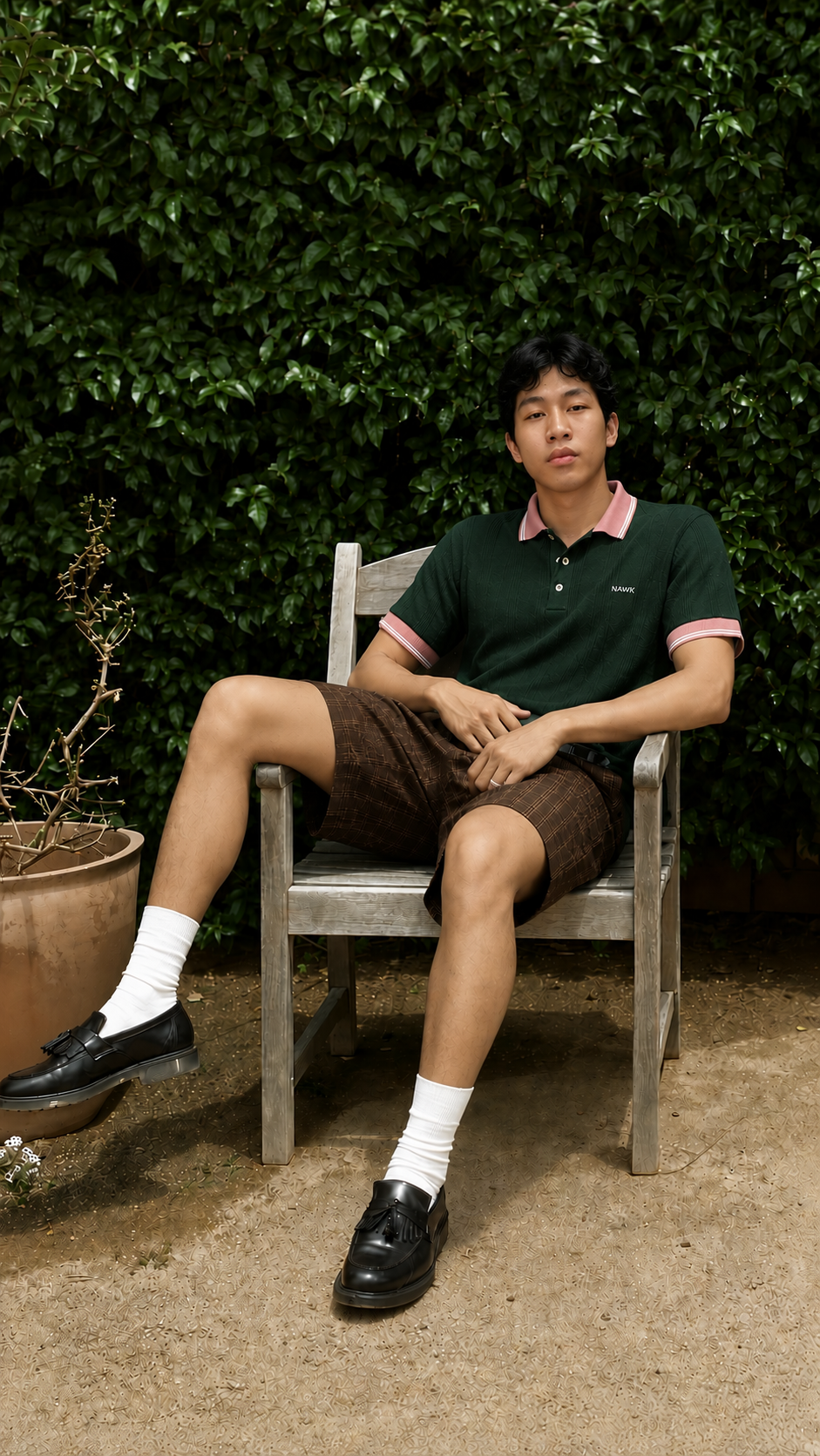 Green polo and brown checked shorts styled look