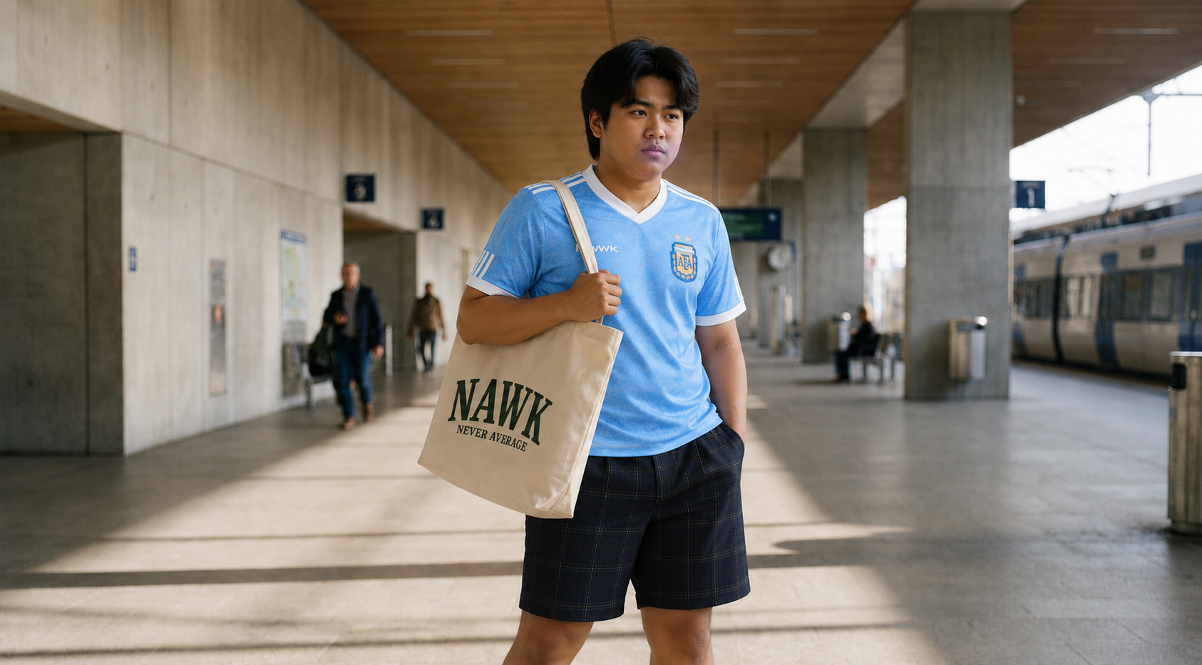 Traveller waiting at a train station with a NAWK tote bag