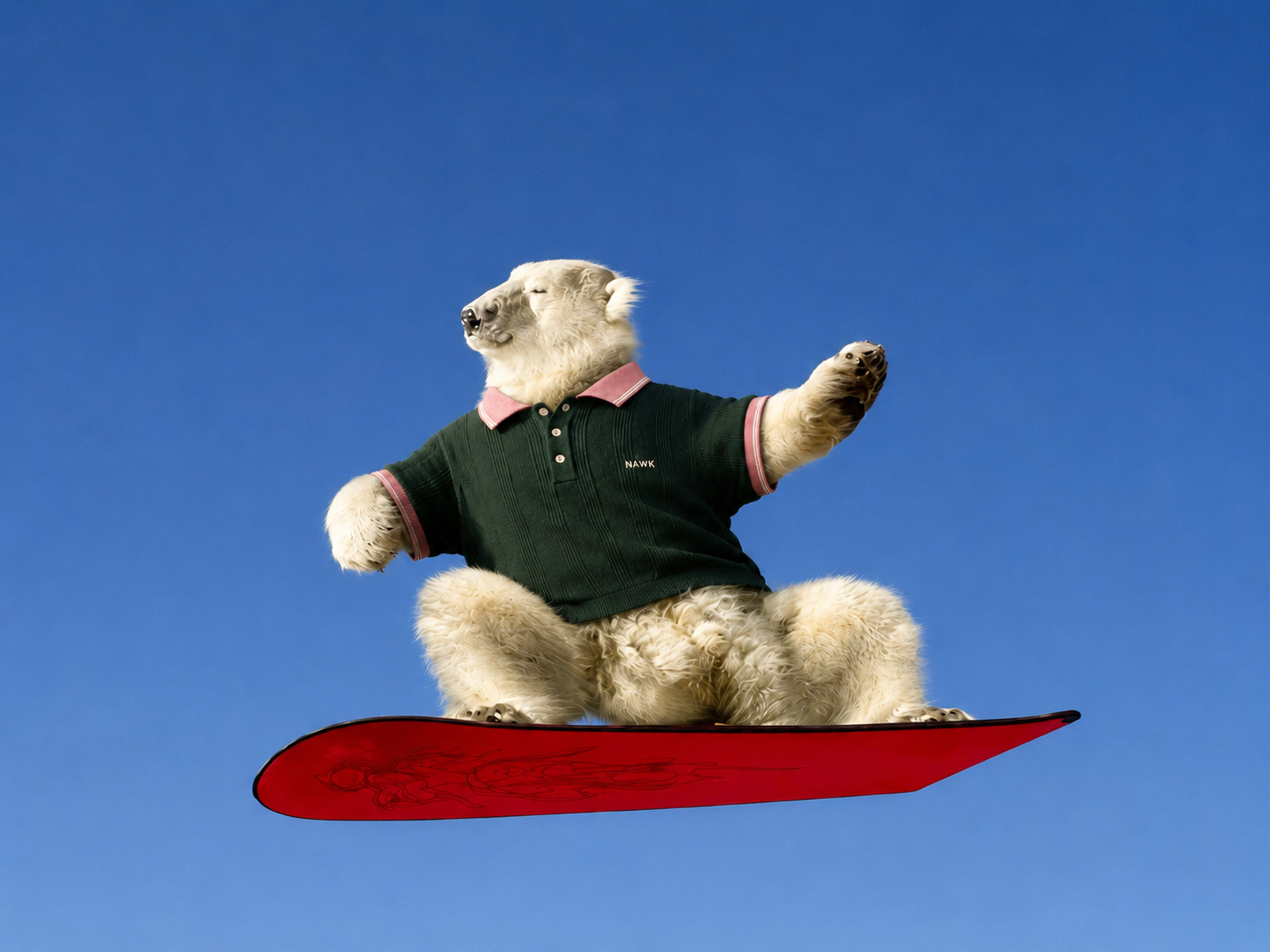 NAWK polar bear riding a red snowboard