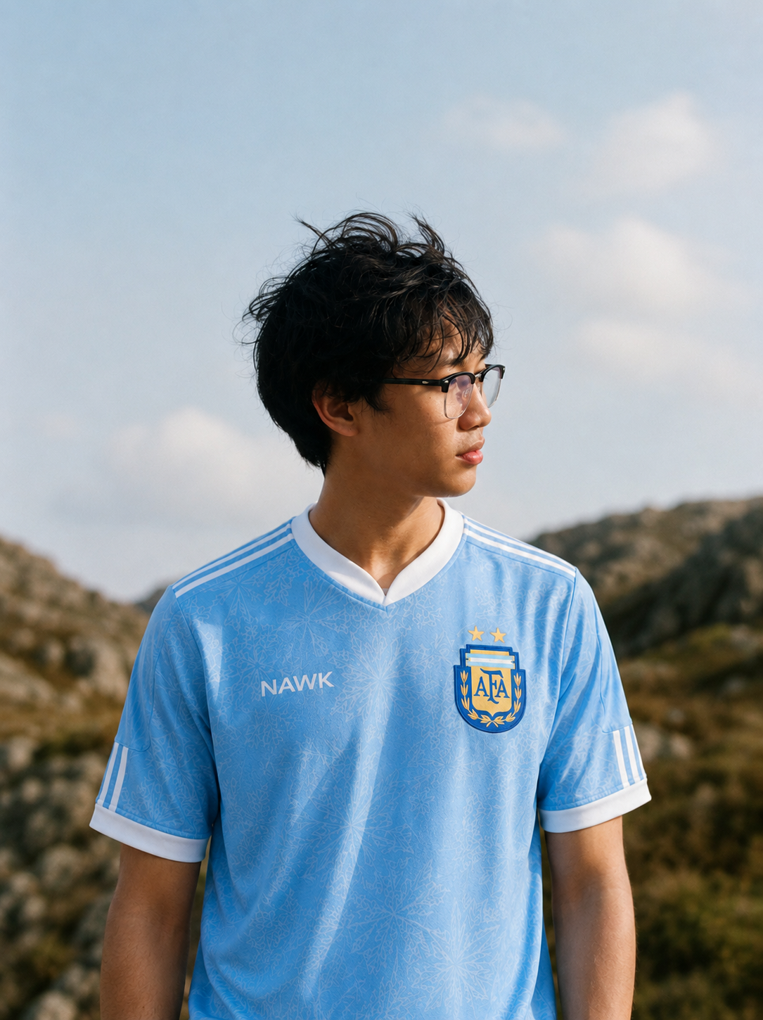 Side portrait wearing the Argentina sky-blue shirt