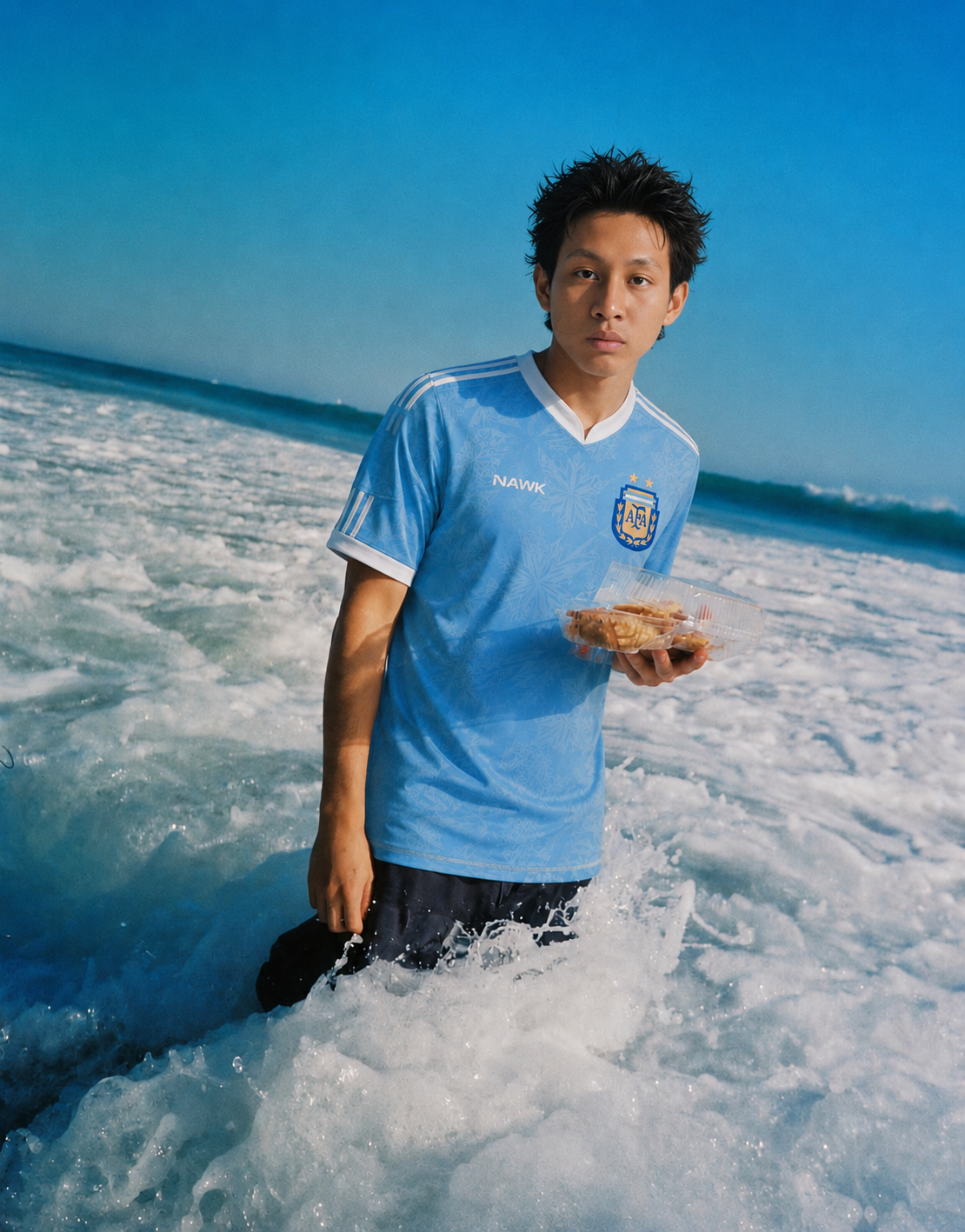 Argentina Sky Football Shirt worn by the ocean