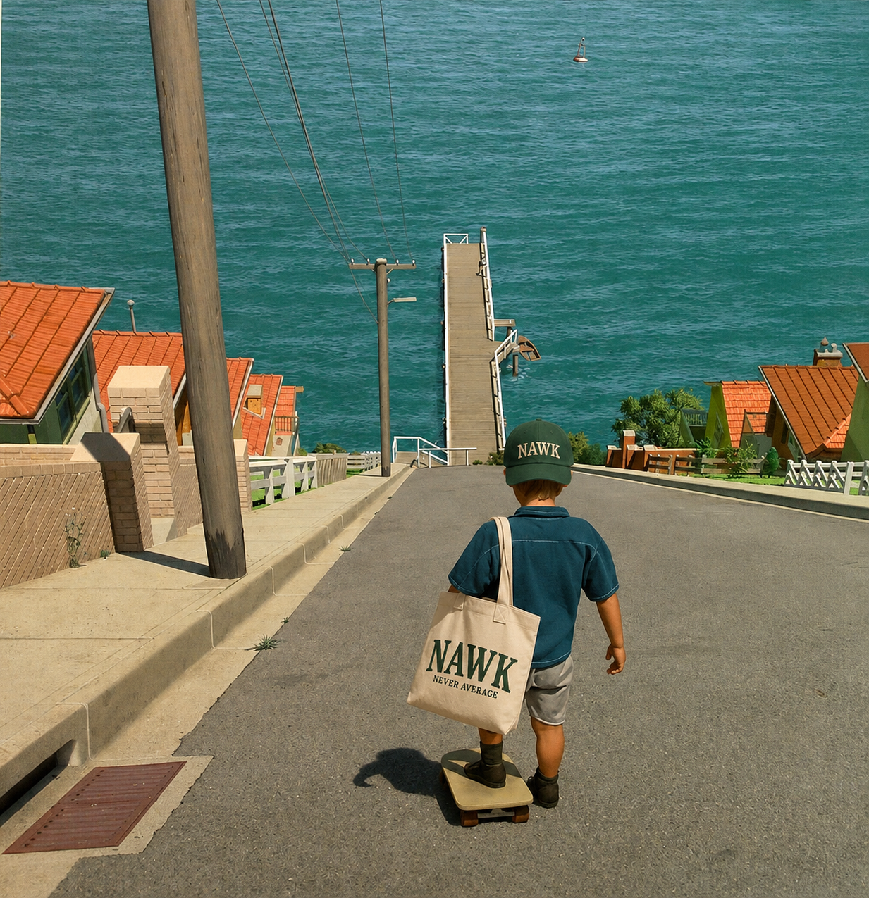 Child wearing a NAWK cap and carrying the Daily Canvas Tote by the sea
